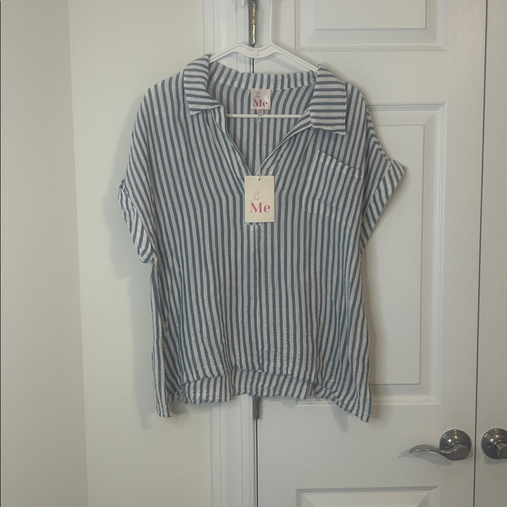 So Me Grayish Blue and White Striped Blouse - Size XL